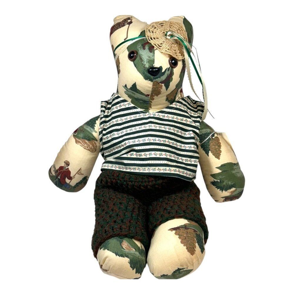 Handcrafted Sunshine Bears "Arnie" Plush Toy Leaves Forest Theme & Knit Shorts